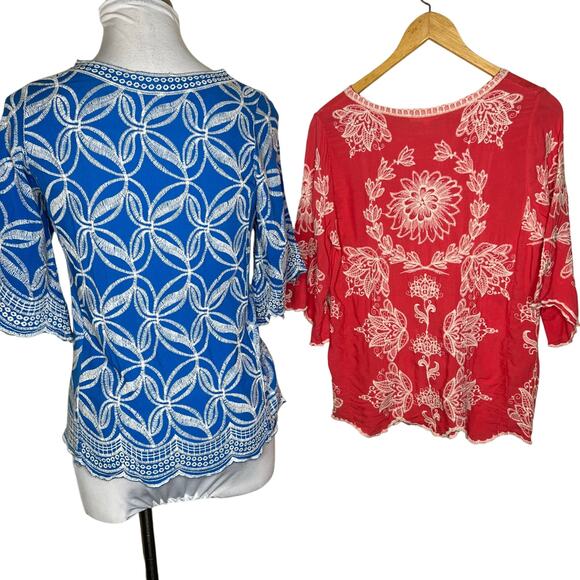 BUNDLE OF 2 Solitaire Top MEDIUM Embroidered Pink Blue Crewneck Scalloped Boho - Picture 3 of 11